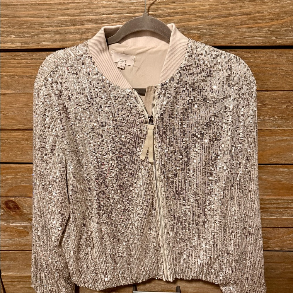 LOFT Women's Sparkling Sequin Bomber Jacket - Silver